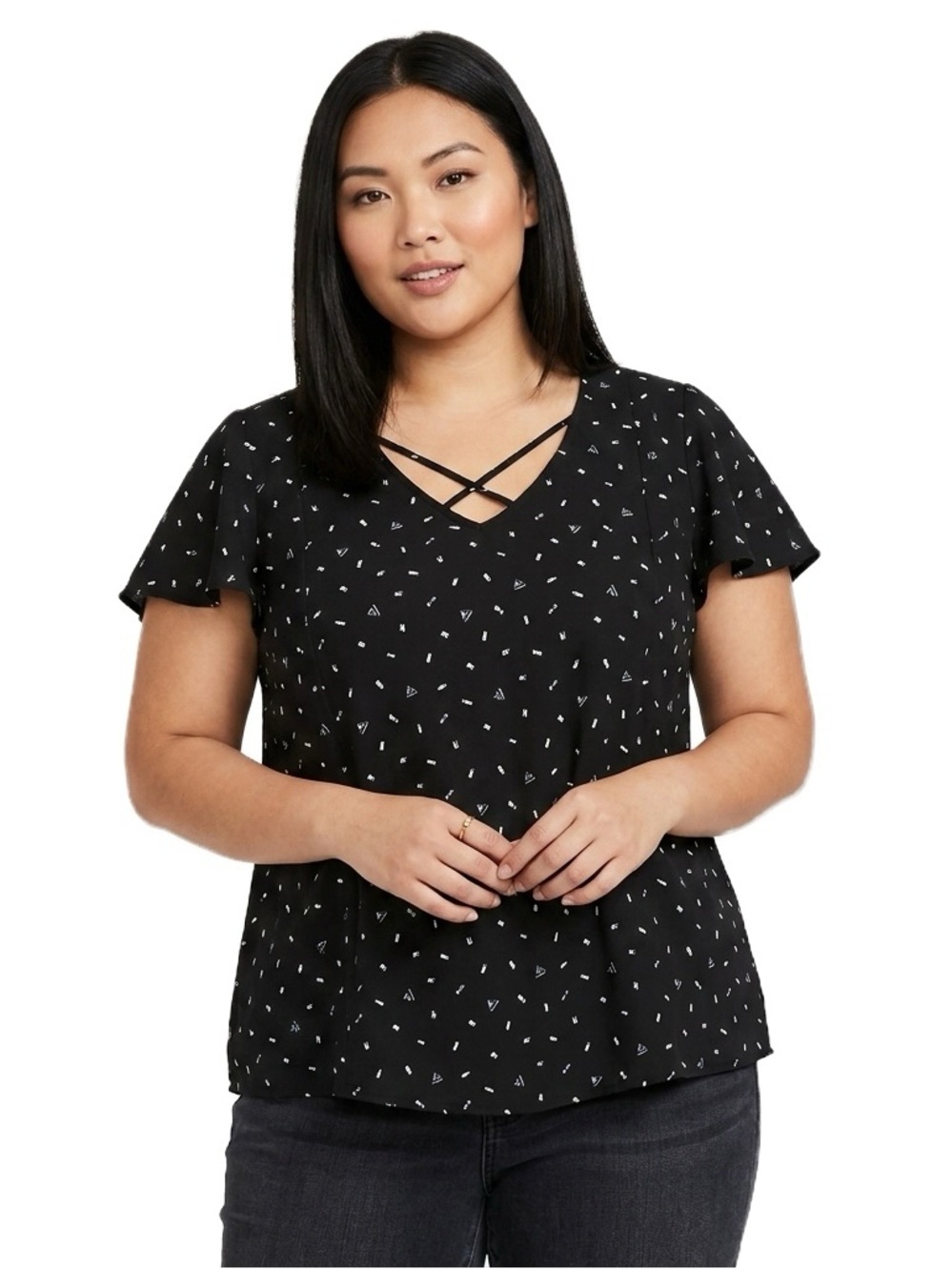 Torrid Black Sailboat Confetti Print Strappy Front Blouse